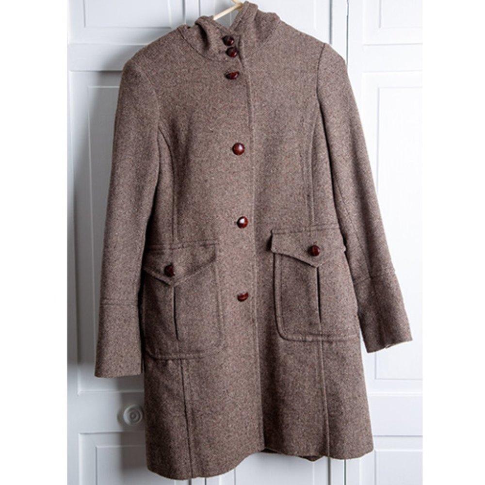 DKNY. Brown Herringbone coat. Button up with hood.